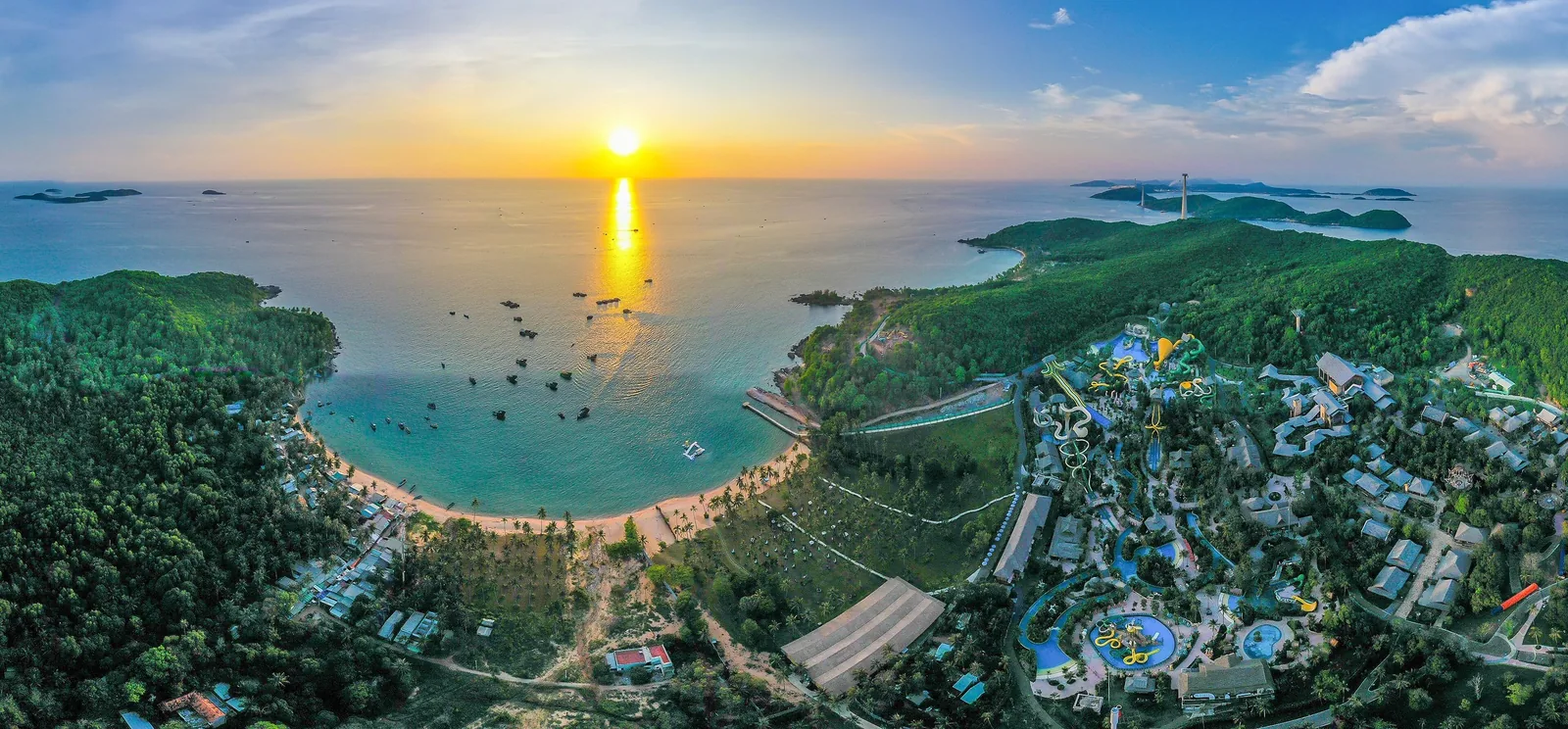 Aerial panorama of Sun World Hon Thom resort and beach at sunset in Phu Quoc Aerial panorama of Sun World Hon Thom resort and beach at sunset in Phu Quoc
